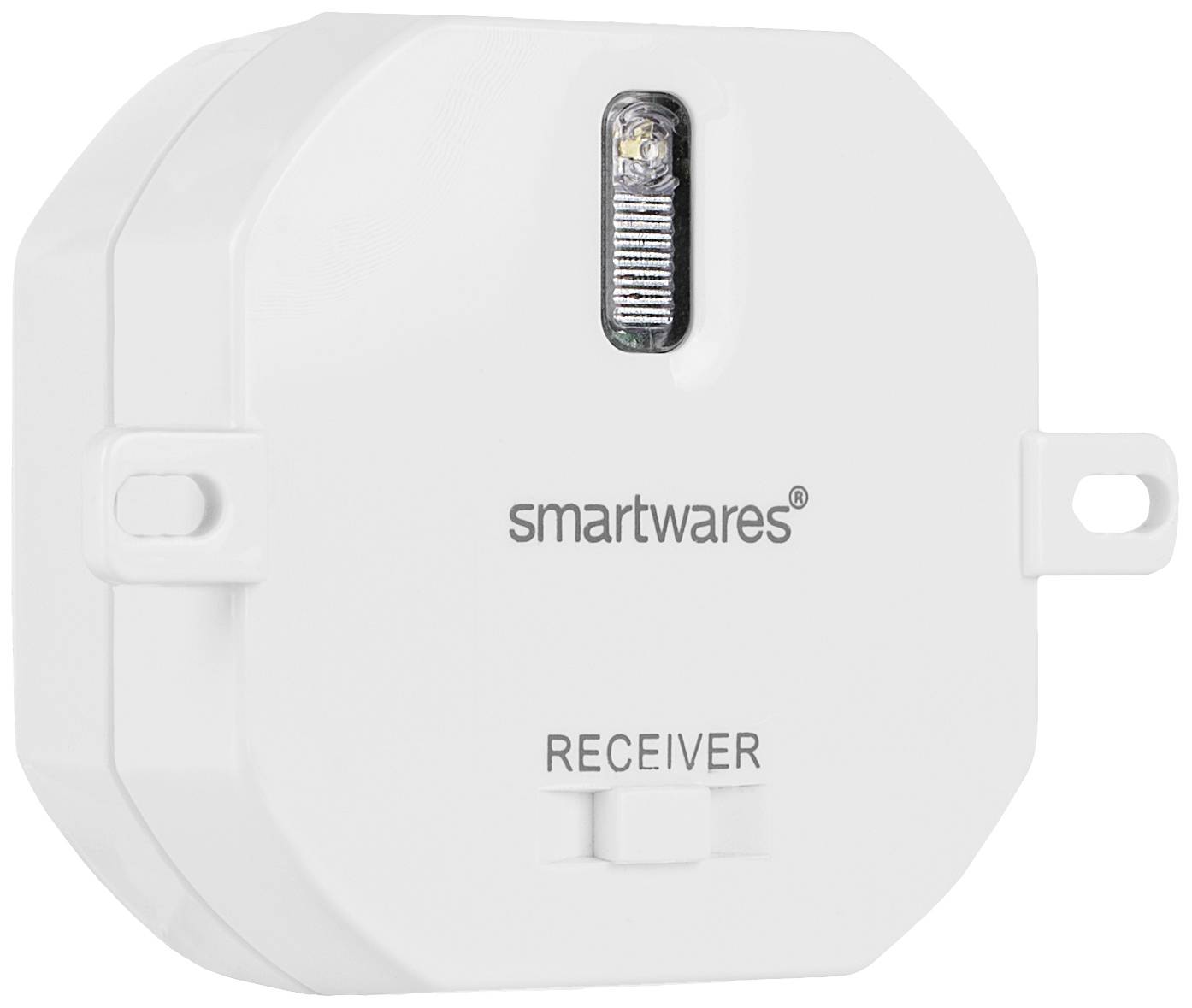 Een witte Smartwares-ontvanger met twee zijdelingse bevestigingsogen en een bovenste controlelampje.