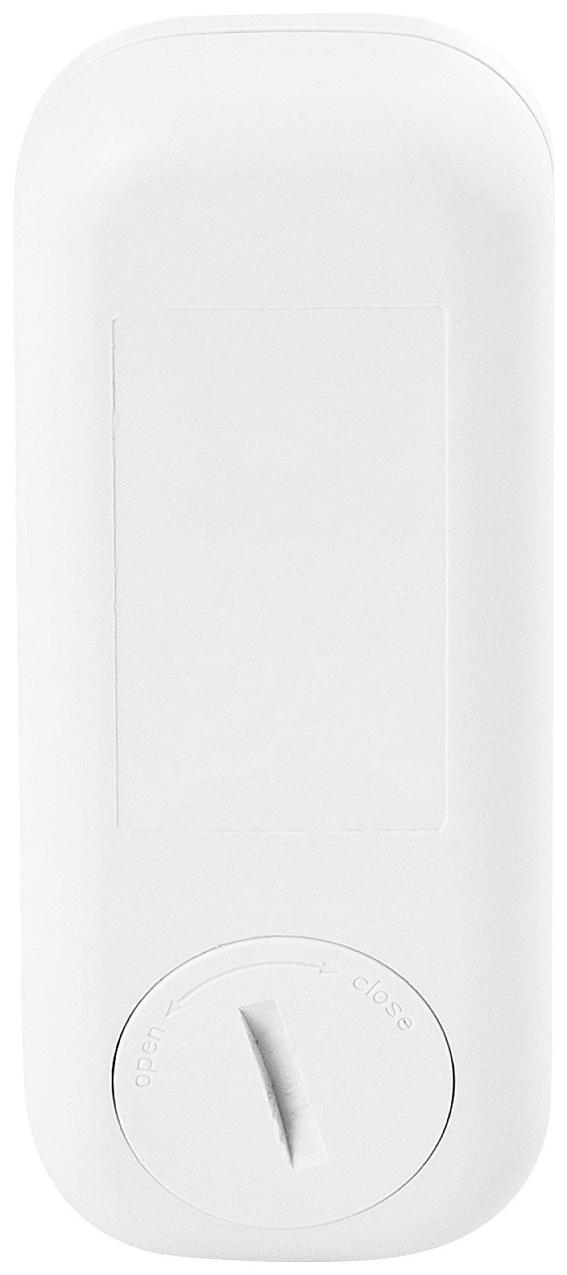 Een witte, rechthoekige thermostaat met een draaiknop aan de onderkant, waarop 'open' en 'close' zijn aangegeven voor de instelling.