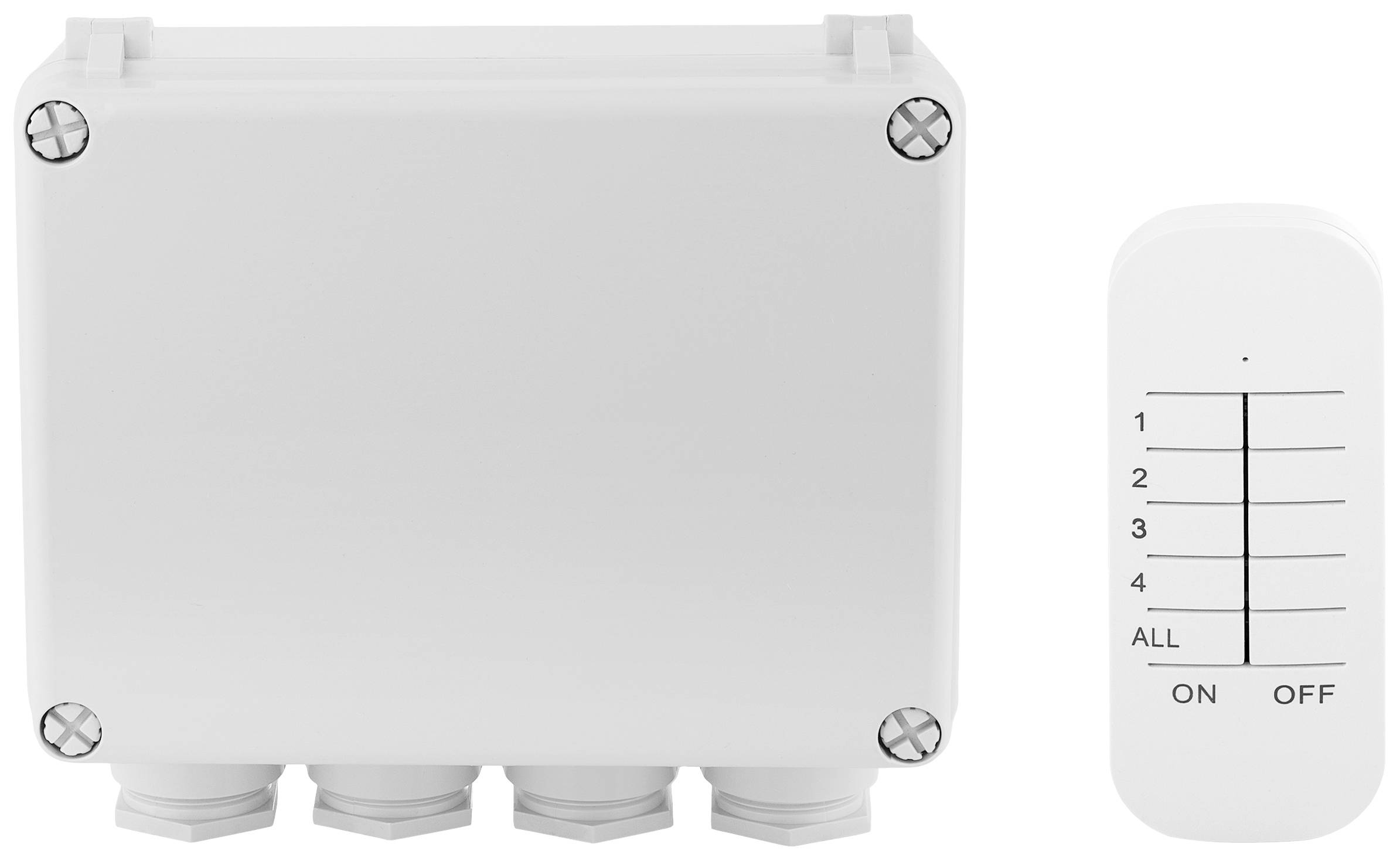 Witte stuurbox met schroeven in de hoeken, naast een afstandsbediening met toetsen van 1 tot 4, 'ALL', 'ON' en 'OFF'.