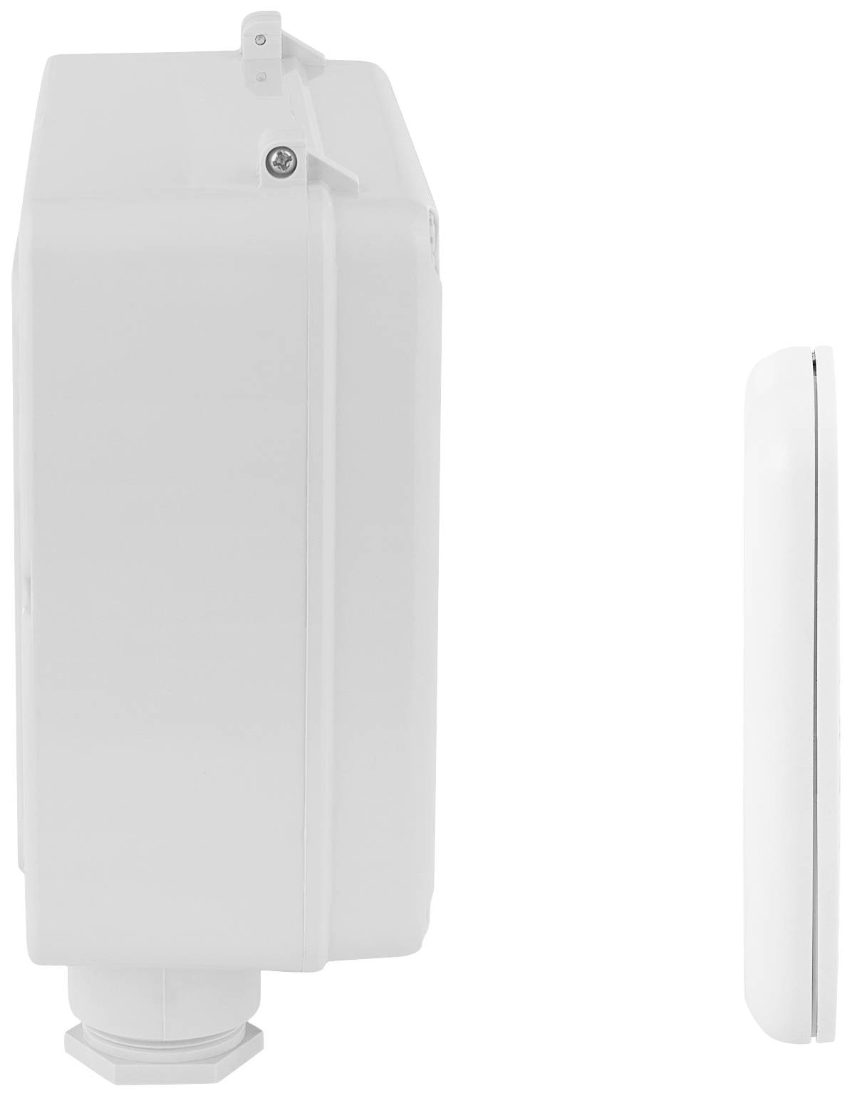 Een wit, rechthoekig behuizing met een zijprofiel. Ernaast een smaller, glad voorwerp, eveneens in het wit.