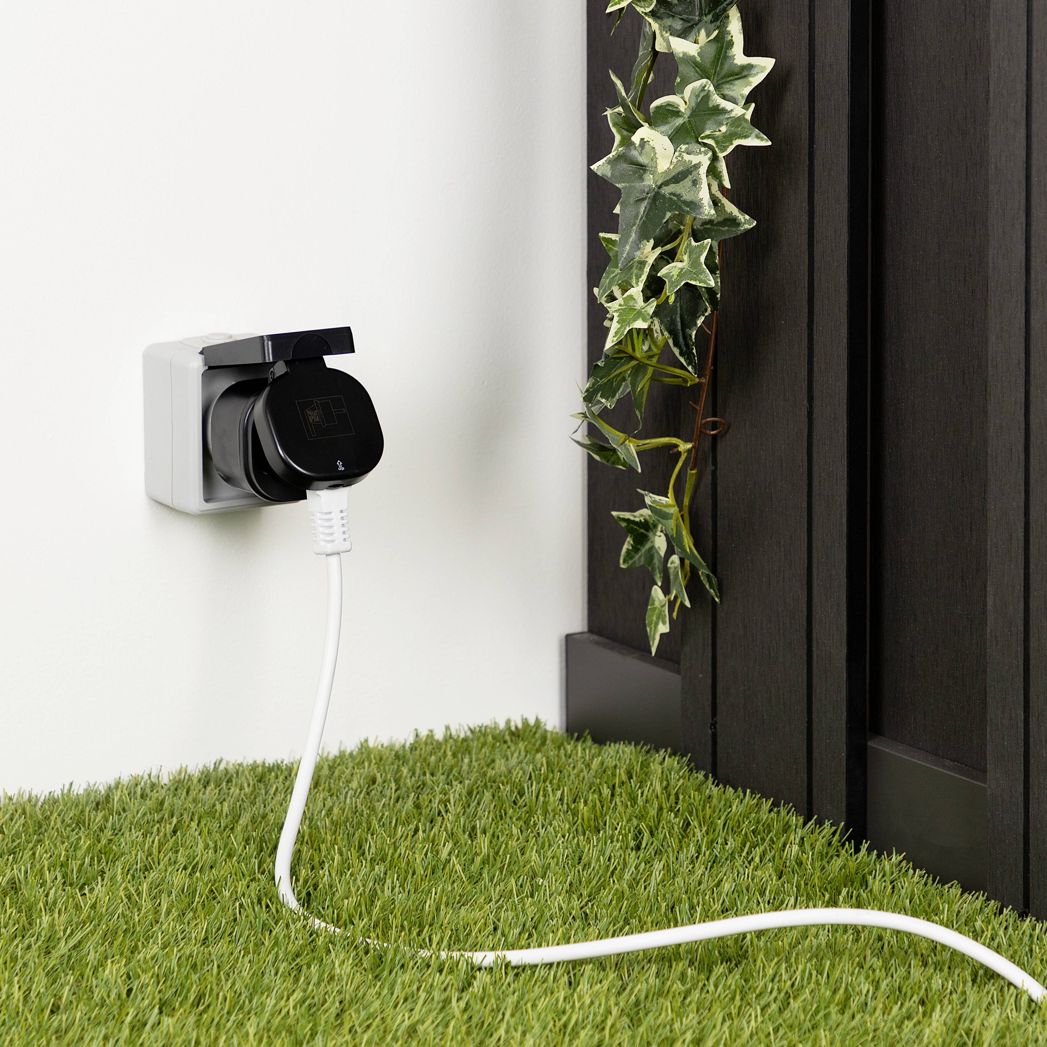 Stopcontact aan een muur met een ingestoken adapter en oplaadkabel. Een klimoptak groeit ernaast op een groene vloerbedekking.