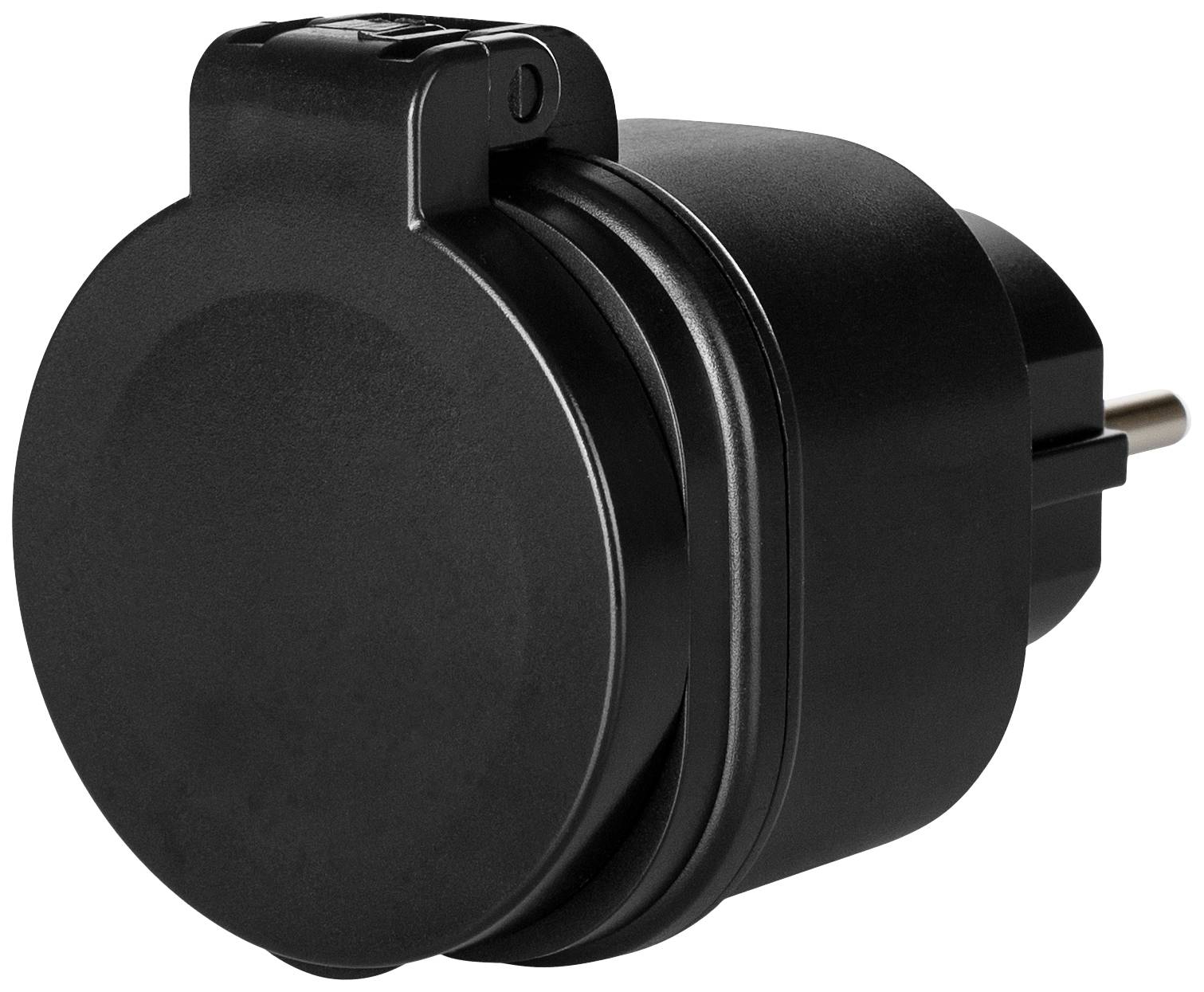 Zwarte, ronde stekkerdoos-adapter met randaarde-stekker, geschikt voor EU-stopcontacten.