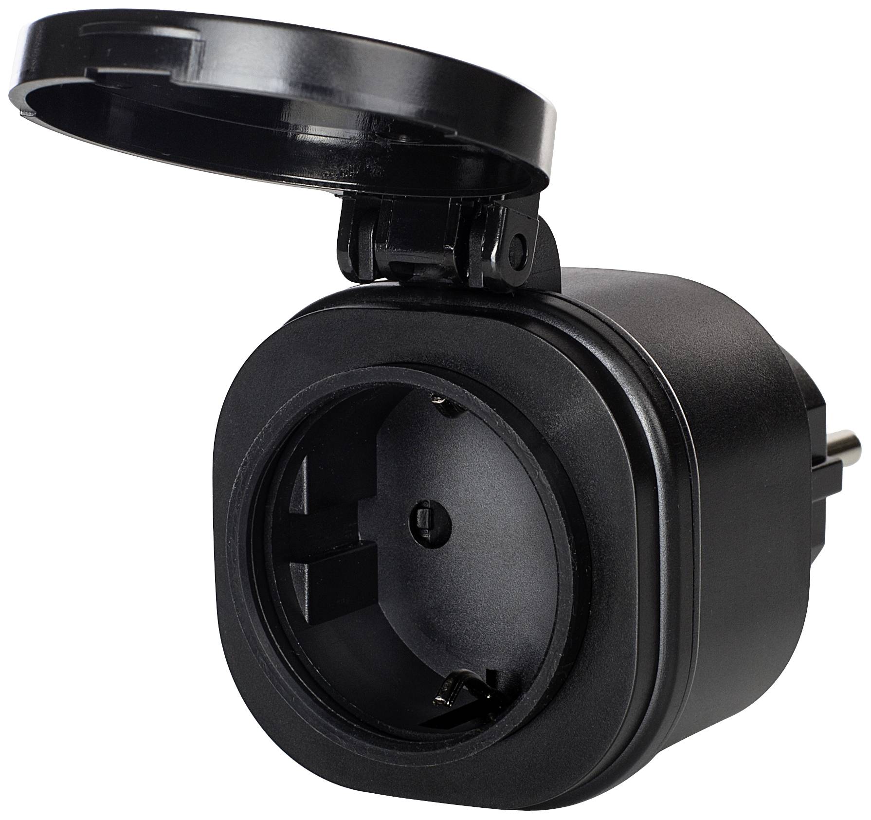 Zwarte contactdoos met open klepje, geschikt voor gebruik buitenshuis.