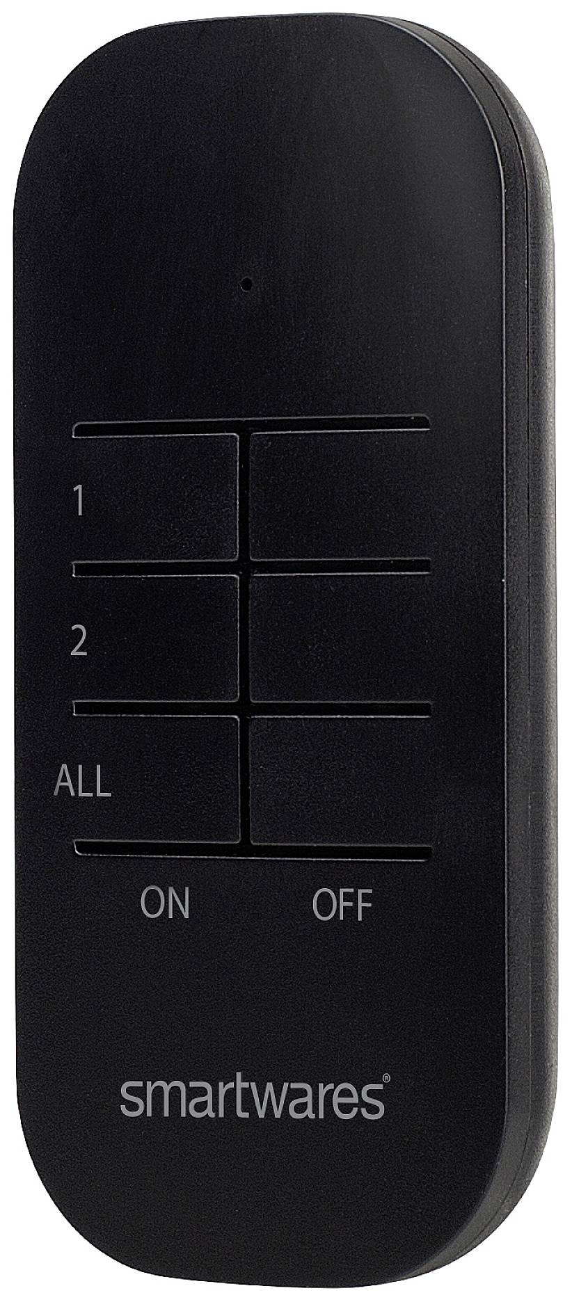 Zwarte afstandsbediening met zes toetsen: twee genummerd ('1', '2'), een voor alle functies ('ALL'), 'ON' en 'OFF', 'smartwares'-logo onderaan.