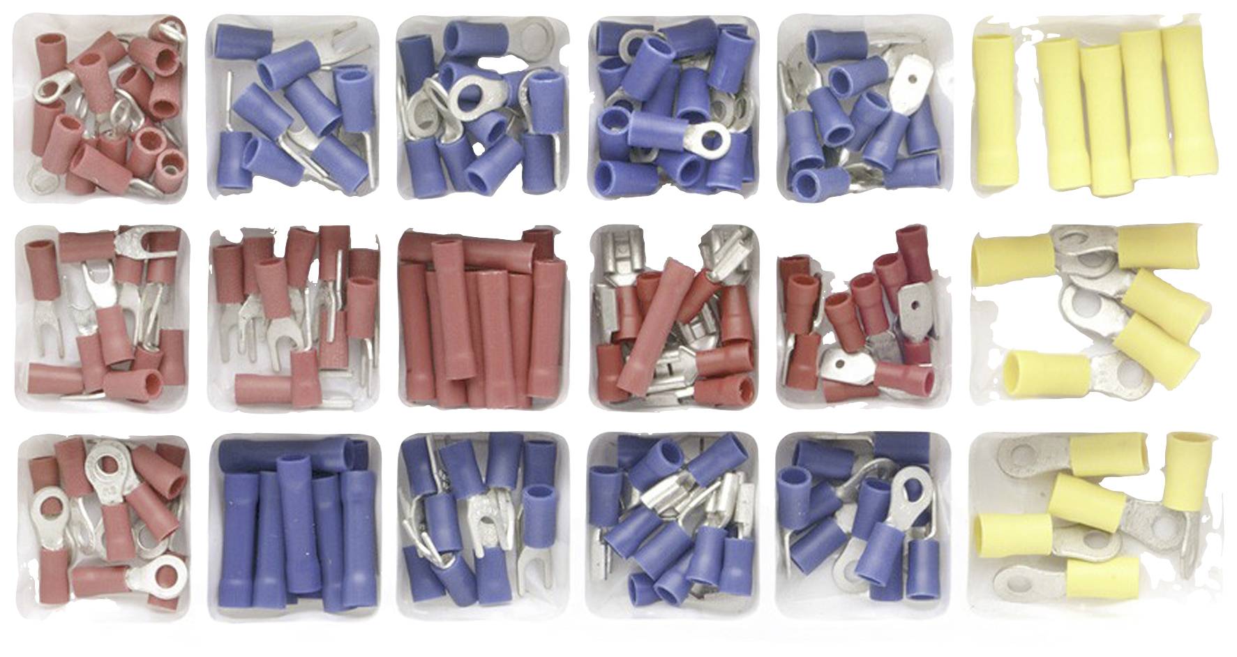 Verschillende soorten geïsoleerde kabelconnectoren in rood, blauw en geel, gesorteerd in kleine vierkante vakken.