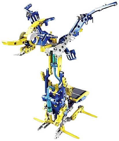 Een kleurrijke robot gemaakt van blauwe, gele en zilveren onderdelen, die rechtop staat. Delen van de robot lijken beweegbaar te zijn.