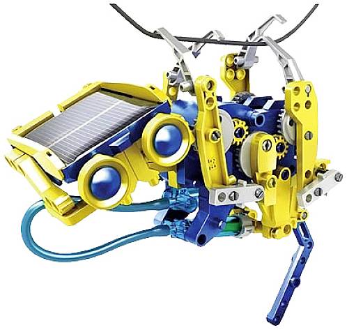 Een geel-blauw robotmodel met zonnecellen en tandwielenmechaniek, dat creativiteit en techniek illustreert.