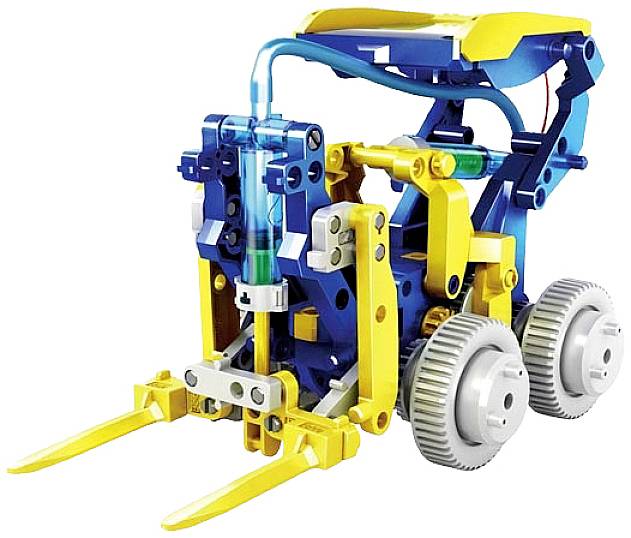 Gele en blauwe robot gemaakt van blokken, met geaccentueerde grijparmen en wielen. Bevat transparante onderdelen die verbindingen weergeven.