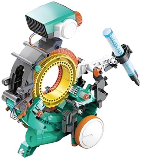 Een kleurrijke robot gemaakt van bouwblokken, die te zien is met een viltstift in zijn hand. De robot ziet eruit als een zelfgemaakt model.