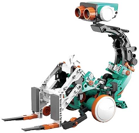 Een robot gebouwd uit blokken met grijparmen en een camera-achtige sensor, gepresenteerd in een combinatie van grijs, groen en oranje.