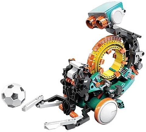 Speelgoedapparaat van gekleurde bouwstenen dat een robot of machinale arm toont, met ernaast een kleine voetbal.