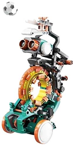 Model van een kleurrijke, futuristische robot met mechanische details en wielen. Links bovenin is een speelgoedbal afgebeeld.
