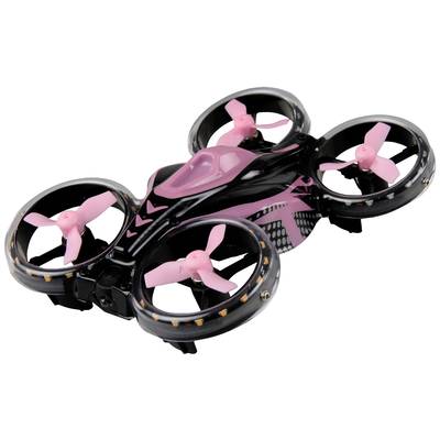 Een zwarte en roze drone met vier propellers is te zien vanuit een schuin perspectief.