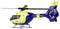 Een gele en blauwe modelhelikopter met de tekst '144 Noodoproep', staat op een witte achtergrond.