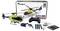 Afstandsbediende modelheli 'AFX-135' van Amewi, geel-blauw met accessoireset: afstandsbediening, reserveonderdelen en handleiding. Verpakking op de achtergrond.
