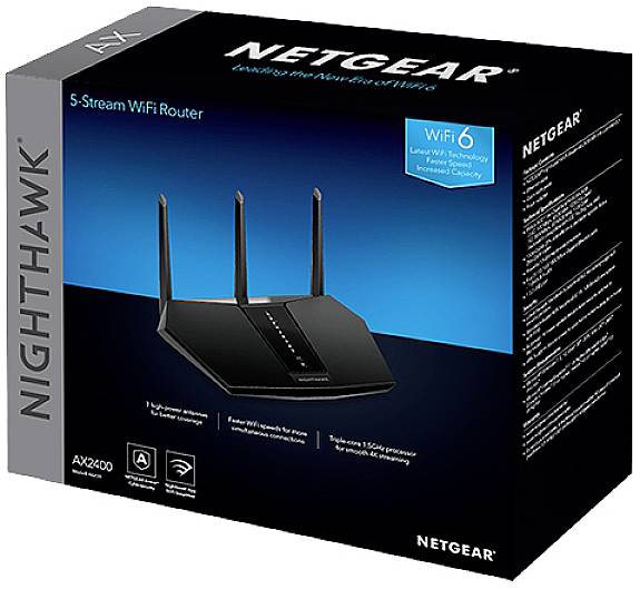 De verpakking van een NETGEAR Nighthawk 5-Stream WiFi 6 Router AX4200 toont het zwarte apparaat met drie antennes en aanwijzingen over de snelheid.