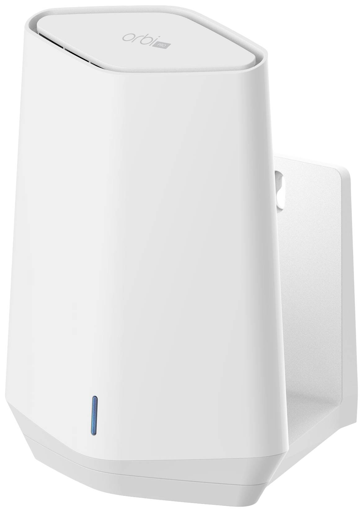 'Witte, driehoekig gevormde WiFi-router met een gladde oppervlakte, blauwe LED-indicator onderaan, gemarkeerd met "orbi" bovenaan.'