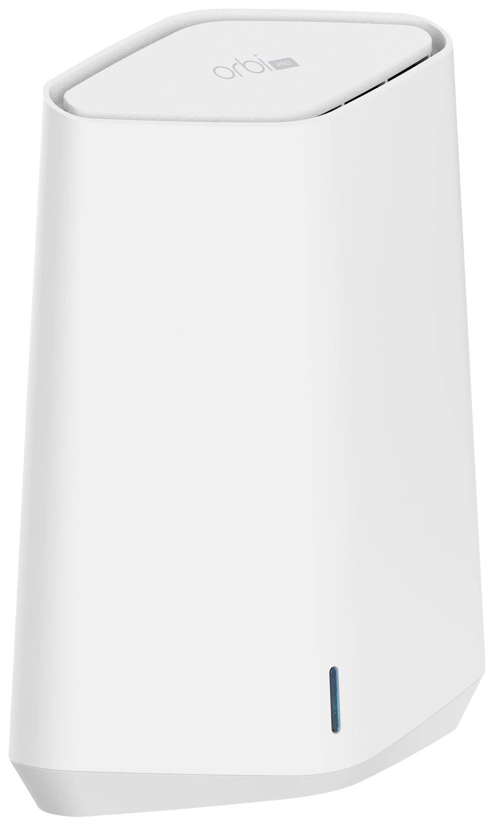 Een witte, torenvormige wifi-router met een klein blauw LED-lampje aan de onderkant.