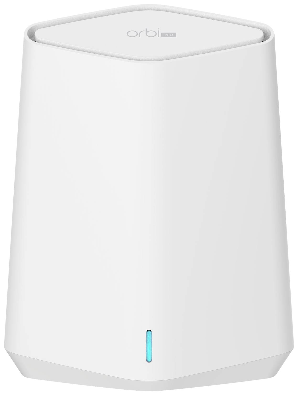 Witte, moderne wifi-router in de vorm van een gestileerde toren met een blauwe LED-indicator aan de voorkant.