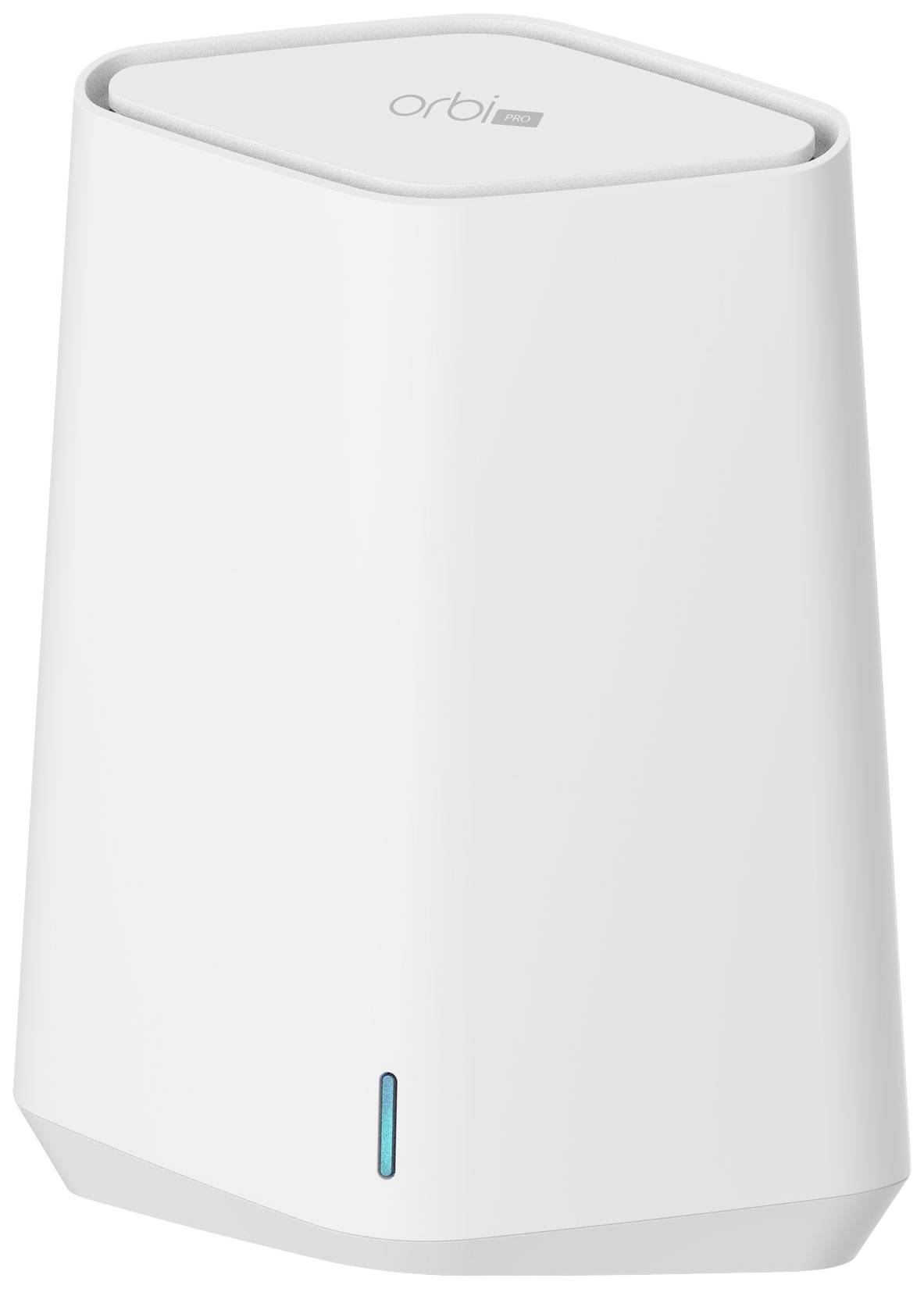 Witte WLAN-router in modern design, trapeziumvormig met afgeronde hoeken en een klein blauw LED-lampje aan de voorkant.