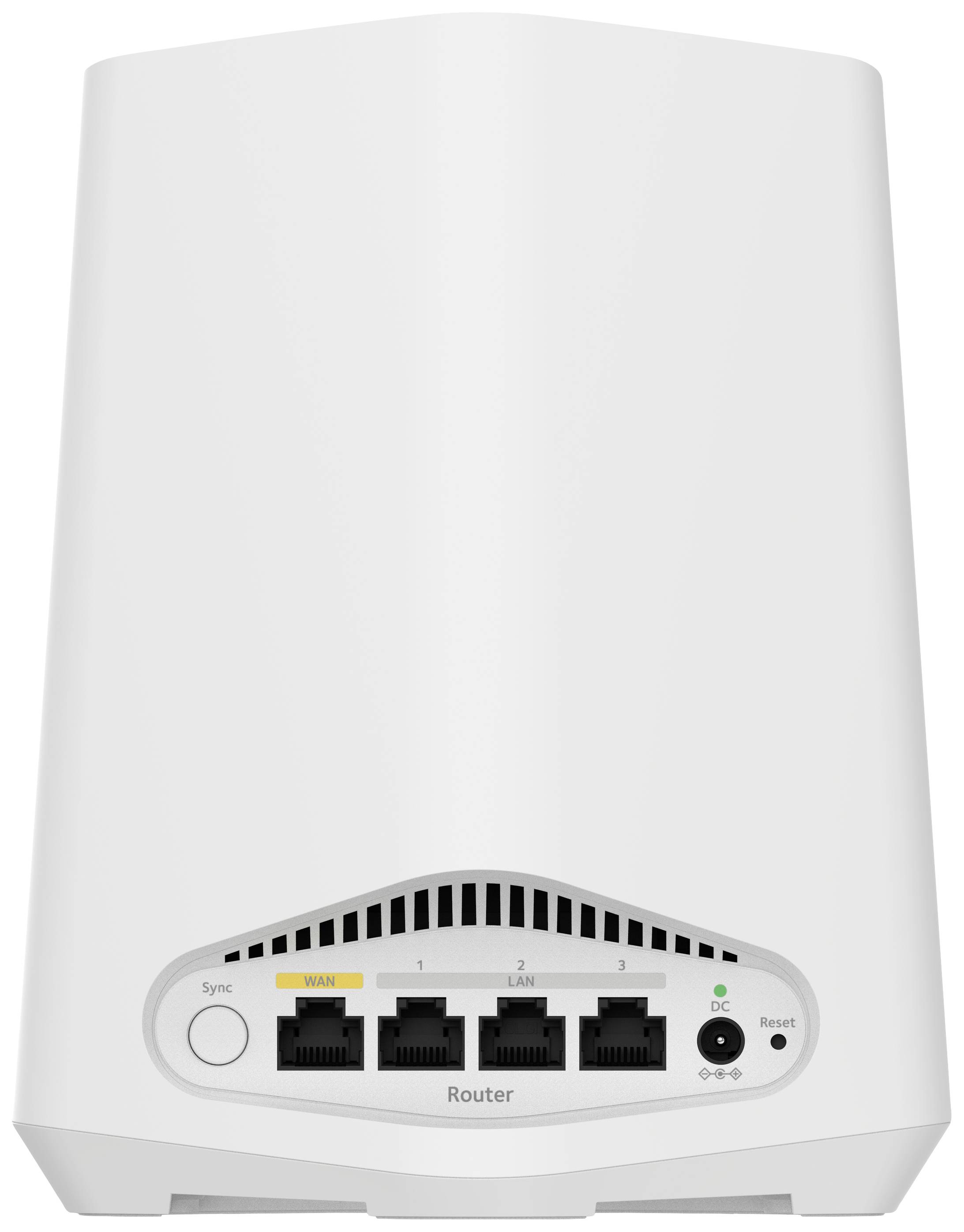 Witte router met drie Ethernet-poorten, een WLAN-aansluiting en knoppen voor 'Sync' en 'Reset' aan de voorkant.