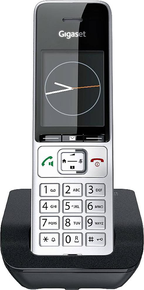 Een draadloze telefoon op een basisstation, met een ronde oplaadbalk op het display, met grote toetsen eronder.