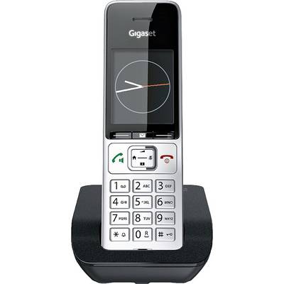 Een draadloze telefoon op een basisstation, met een ronde oplaadbalk op het display, met grote toetsen eronder.