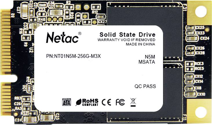 Netac Solid State Drive, Model N5M, MSATA, 256GB. Opdruk: RoHS-conform, gefabriceerd in China, garantiezegel.