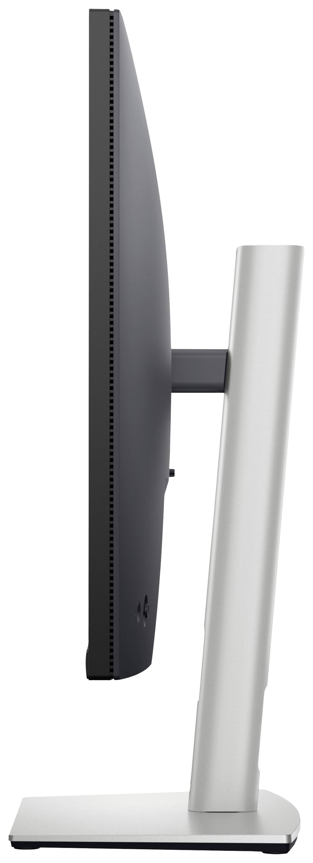 Zijaanzicht van een moderne computermonitor met smalle rand, gemonteerd op een slanke, zilveren voet.