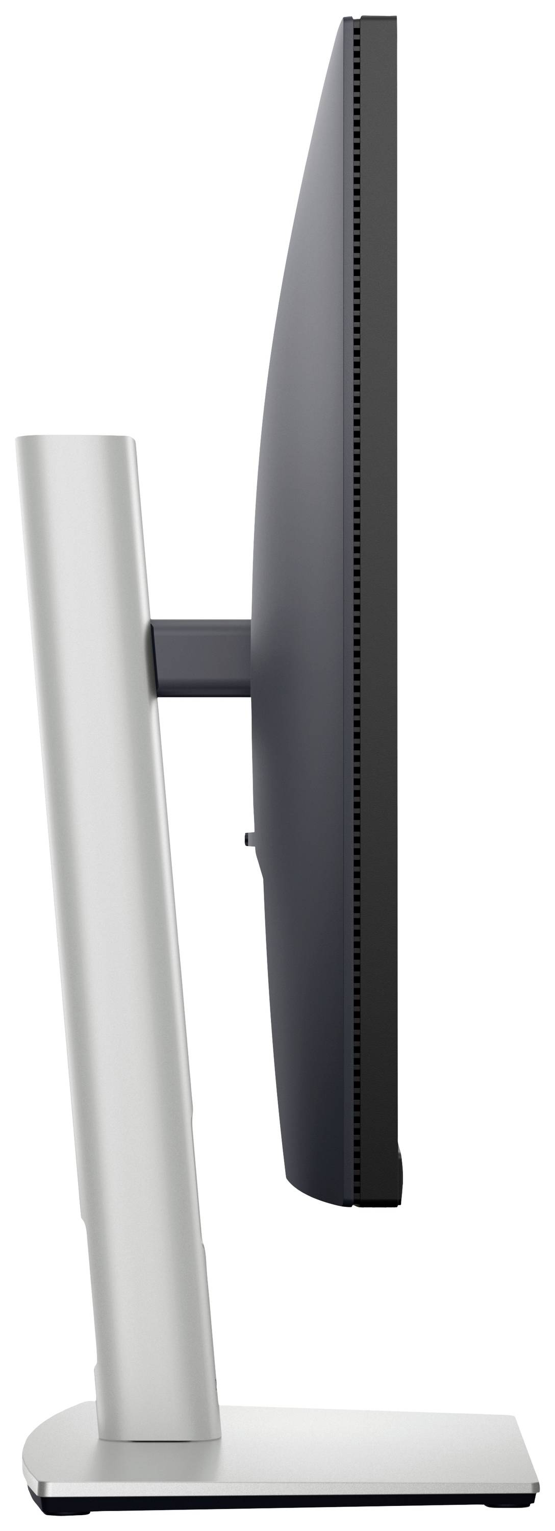 Zijaanzicht van een flatscreen-monitor met een slanke vormgeving op een stevige standaard.