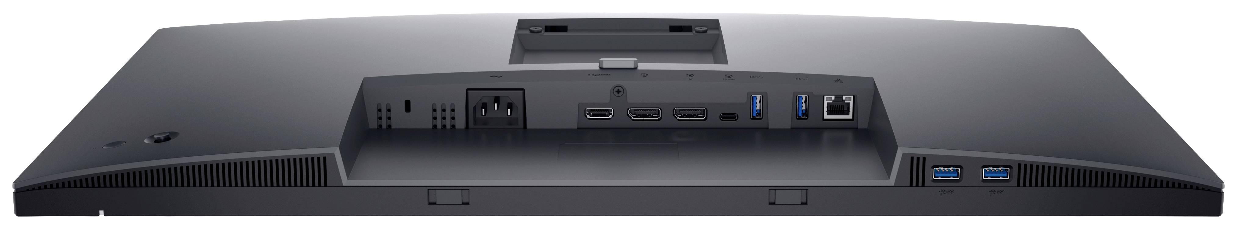 Achterzijde van een computerscherm met zichtbare aansluitingen: netvoeding, HDMI, DisplayPort, USB en Ethernet-poorten.
