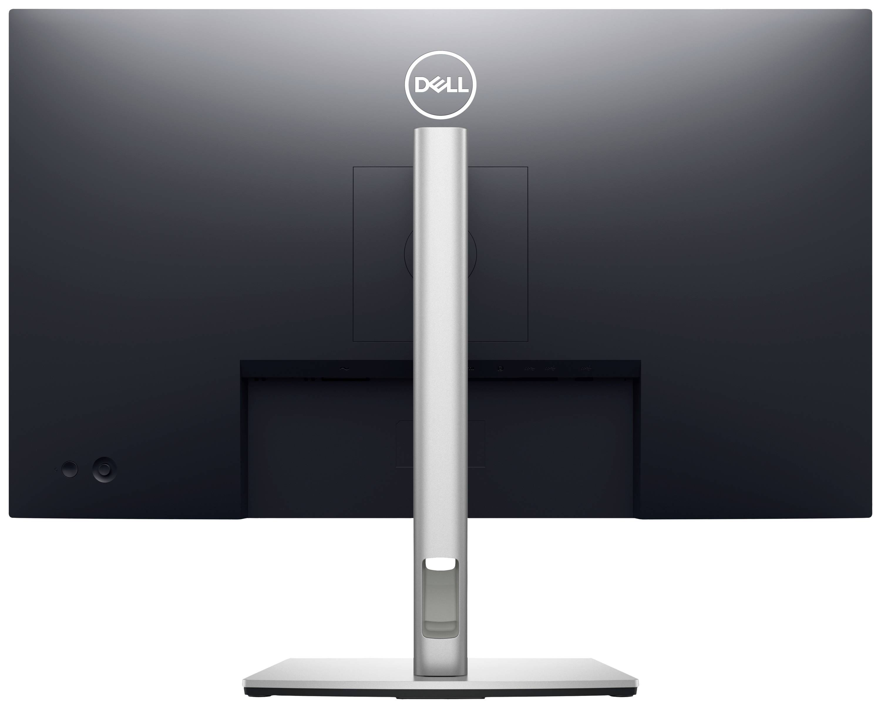 Een computerscherm van achteren met een zilveren standvoet en het merklogo bovenaan in het midden.