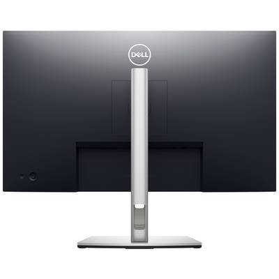 Een computerscherm van achteren met een zilveren standvoet en het merklogo bovenaan in het midden.