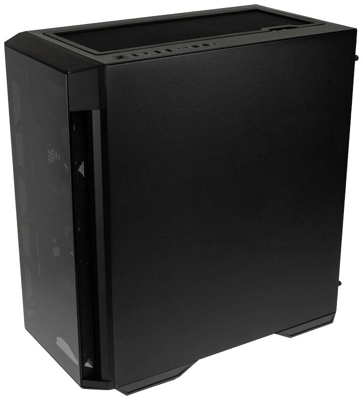 Zwart pc-behuizing met strakke lijnen en een zijdelings mesh-paneel voor luchtcirculatie. Bovenop bevinden zich aansluitingen en bedieningselementen.