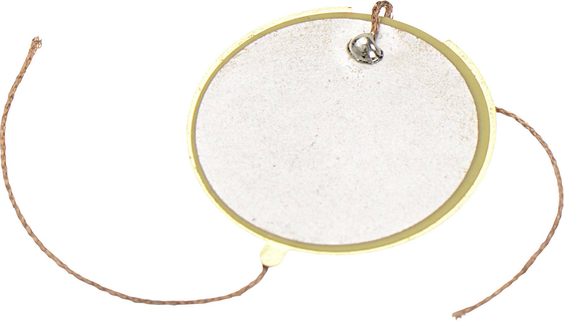 Rond roomkleurig blanco etiket met gouden rand en bruine koord bevestigd door een zilveren oog.
