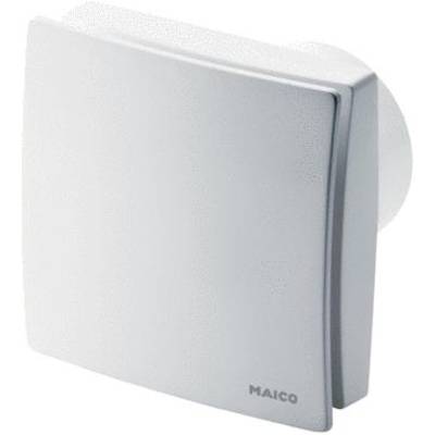 Witte wandventilator met modern design, geschikt voor badkamers en keukens. Merk 'Maico'.