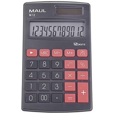 Een tafelrekenmachine met een 12-cijferig display toont de getallenreeks '123456789012'. De toetsen zijn zwart en rood.