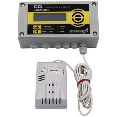 Een CO-melder met display toont 'Service'. Een bijbehorende sensor met kabel is aangesloten.