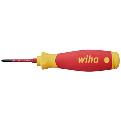 Een rode en gele schroevendraaier van Wiha met ergonomische handgreep voor precisiewerk en een zwarte, scherpe kruiskop.