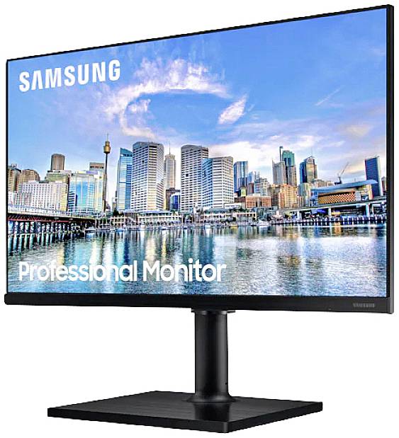 Een Samsung-professional-monitor toont een stadsaanzicht met wolkenkrabbers aan het water onder een blauwe lucht.