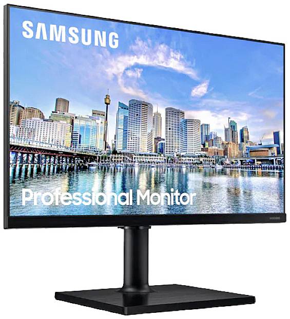 Samsung-monitor met stadslandschap op het scherm, gepresenteerd als 'Professional Monitor' voor zakelijke toepassingen.