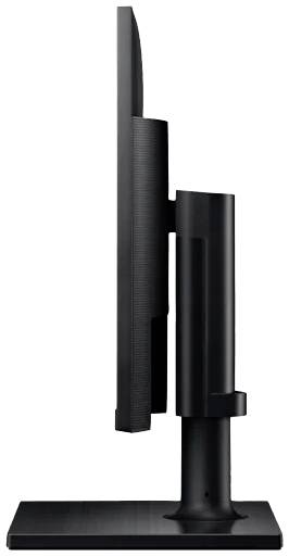 Zijaanzicht van een zwarte computermonitor met een slanke lijst en een verstelbare voet. Geschikt voor kantooromgevingen.