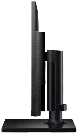 Een computer-scherm weergegeven van opzij, geplaatst op een stevig onderstel, toont zijn slanke en elegante constructie.