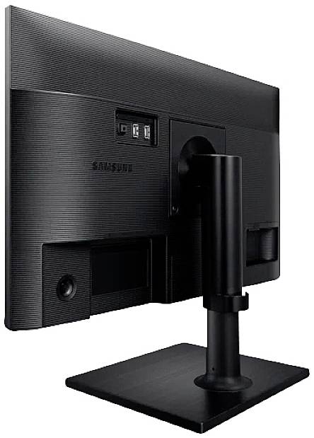 Achterzijde van een zwarte computermonitor met een stabiele voet en twee USB-poorten, Samsung-merk herkenbaar.