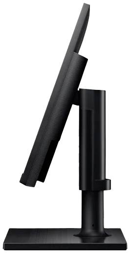 Een zwarte computermonitor, gezien van opzij. Het scherm is dun en kantelbaar, gemonteerd op een stevig voetstuk.