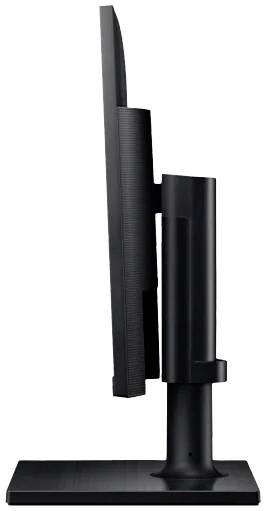 Een zwarte computermonitor van opzij, toont een smal scherm met een stevige standaard.