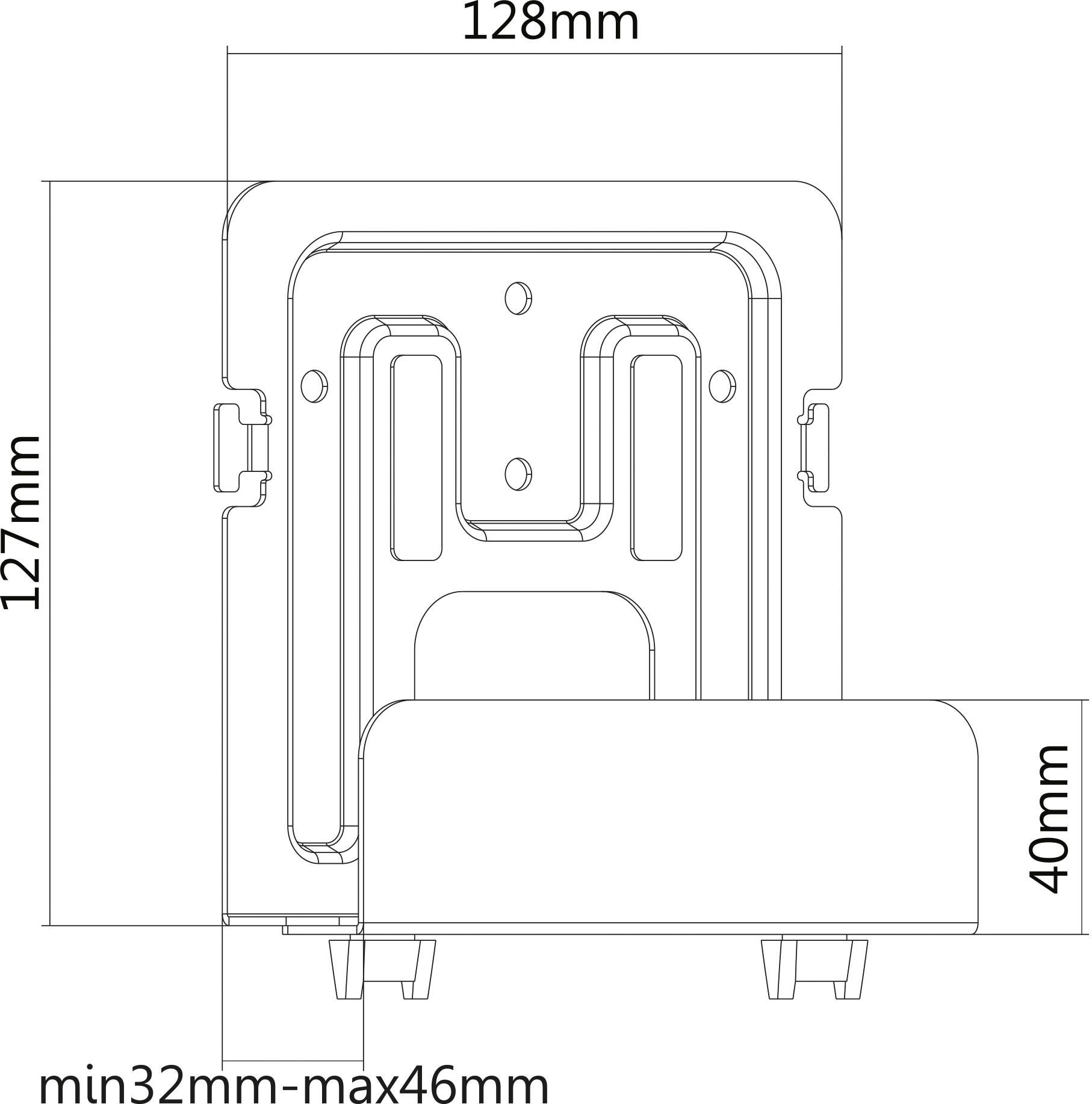 Technische tekening van een rechthoekig object met afmetingen: 128 mm breedte, 127 mm hoogte, 40 mm diepte. Instelbare diepte van 32 mm tot 46 mm.