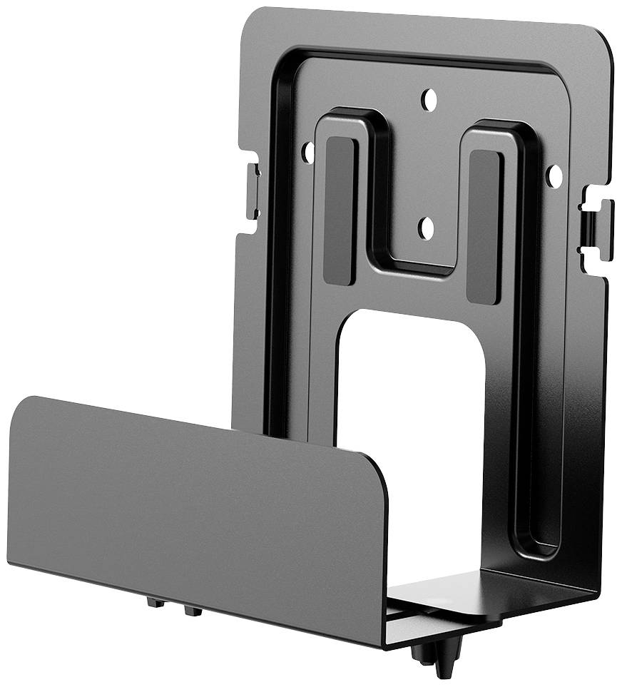 Metalen beugel voor wandmontage, geschikt voor het bevestigen van een klein apparaat of accessoire. Zwart, rechthoekig ontwerp met gaten voor eenvoudige montage.