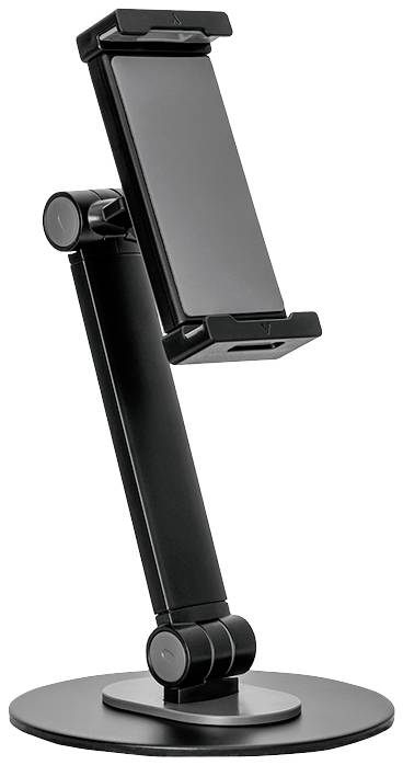 Een zwarte, verstelbare standaard voor mobiele telefoons, met een rond voetstuk en een flexibele arm die het apparaat vasthoudt.