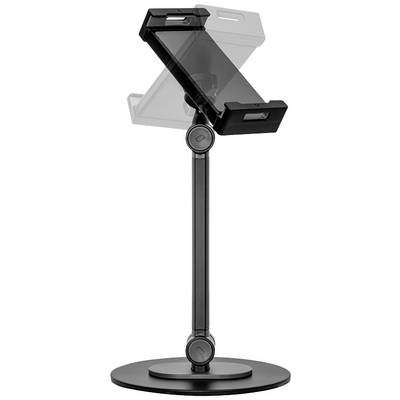 Een tabletstandaard met verstelbare steunarm en ronde voet, weergegeven in twee posities: voorover en achterover gekanteld.
